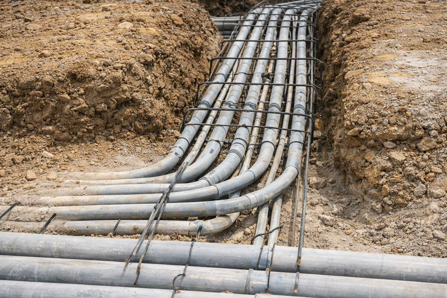 Duct bank installation with multiple electrical conduits in trench for industrial electrical services in Baltimore, MD
