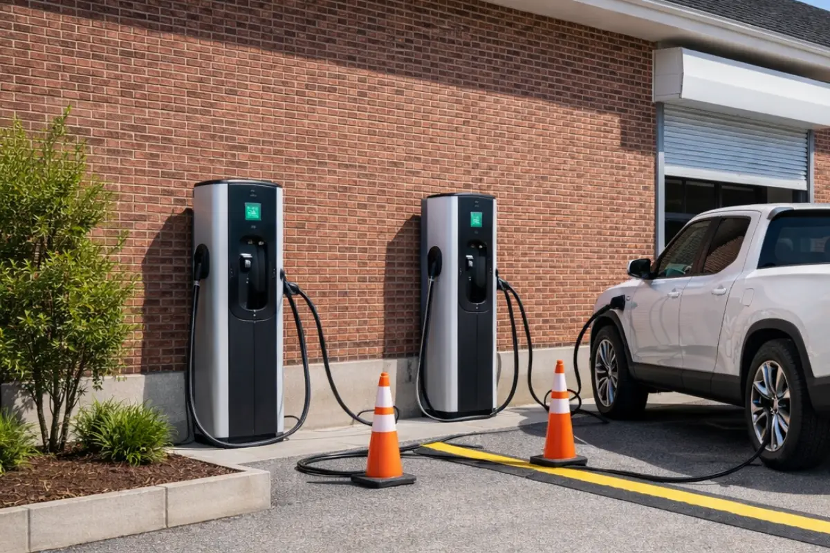 Workplace EV charger installation serving electric vehicles in a commercial parking area in Baltimore, MD.