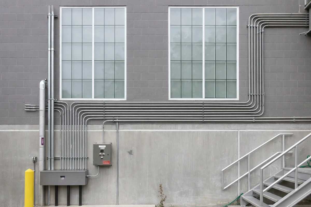 Exterior industrial electrical conduit routing along a commercial building wall for utility and power connections in Baltimore, MD.