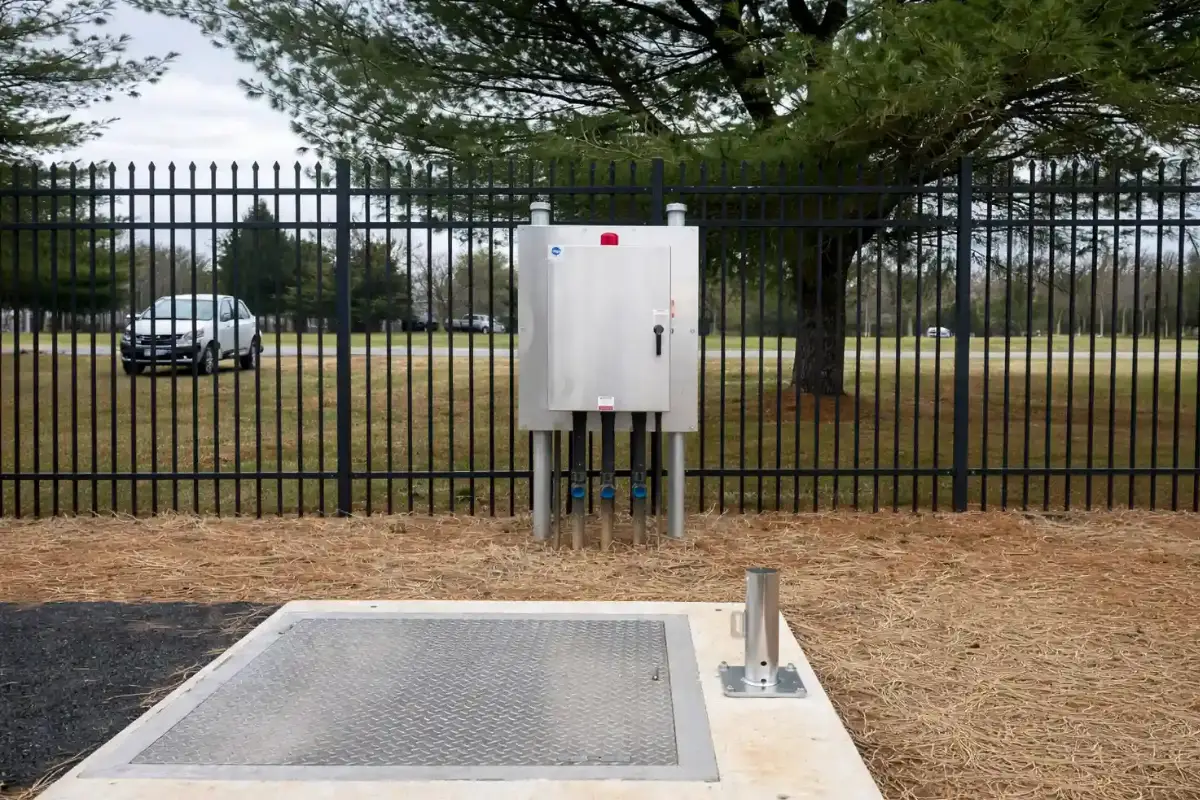 Exterior power distribution control cabinet installed at a secured utility site to manage electrical systems in Baltimore, MD.